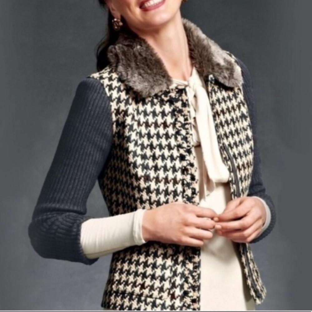 CAbi Houndstooth Mixer Jacket with Faux Fur Collar